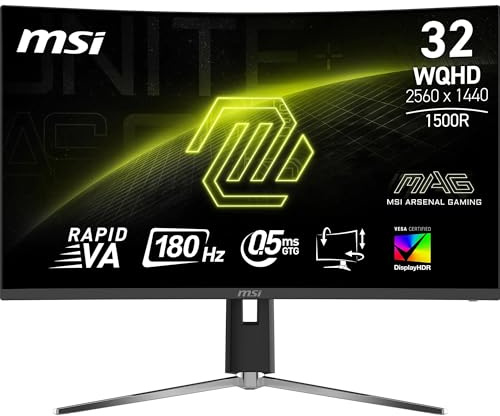 MSI mag 32CQ6PF - Pantalla para Juegos Curvada FHD de 32 - Lalle Rapid VA 2560 x 1440 1500R, 180Hz / 0,5ms -GtG, DisplayHDR 400, Adaptive Sync, DP 1.4, HDMI 2.0 CEC