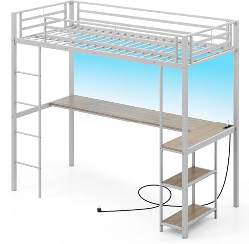 COSTWAY Cama Alta con Escritorio 200 x 90 cm, Cama Alta Juvenil con LED, Estación de Carga y Almacenamiento, Barandilla de Seguridad y Escalera (Gris)