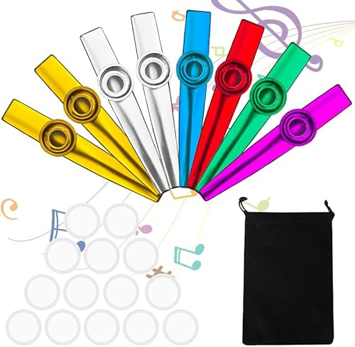 JOZMMZEOOA Kazoo Metal Set 8 Pieces with 16 Flute Membranes and Storage Bag for Adults and Music Lovers Beginners
