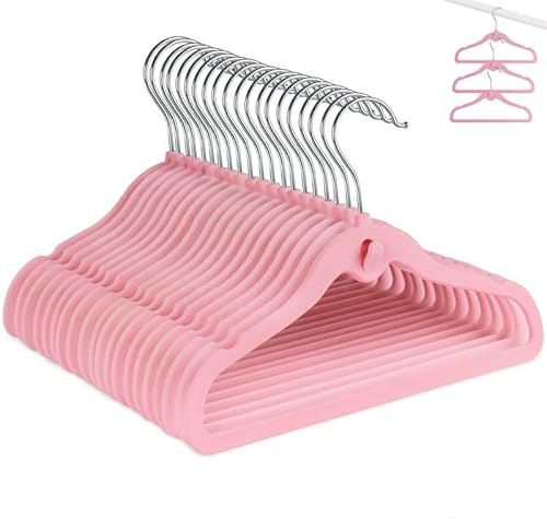 Samt-Kinderkleiderbügel,Platzsparend Kids Velvet Hangers mit Haken & Größenring,Ultradünnes und Rutschfestes Design 360°drehbare Kinder Bügel,20 Stück rosa