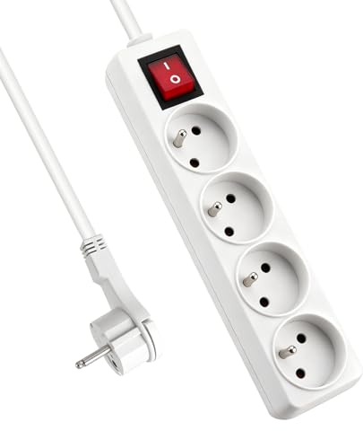 EXTRASTAR Bloc Multiprise 4 Prises 16A avec Interrupteur, Fiche Plate 1.5 m Blanc
