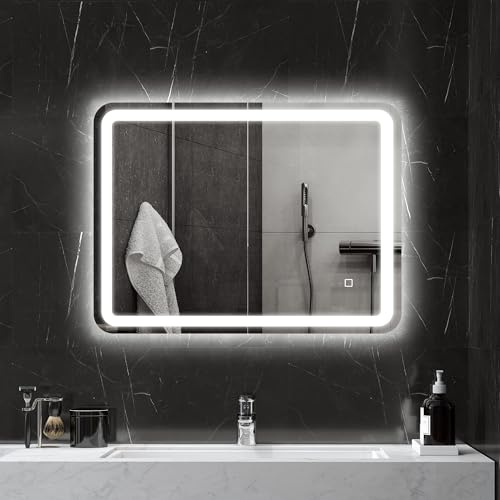 HOMCOM Badspiegel mit Beleuchtung 60 x 80 cm mit 3 Lichtfarben Silber | LED Spiegel, Wandspiegel, Touchschalter, Memory-Funktion, Lichtspiegel, Beschlagfrei