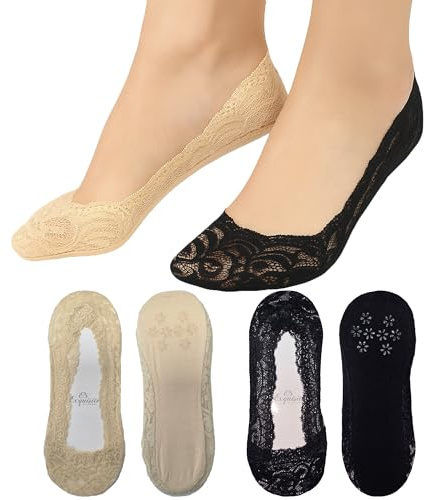 6 Pairs Women’s Lace No Show Socks with 360° Silicone Grip – Invisible Liner Footies for Flats & Heels – Black & Nude, UK 4-8 / EU 37-42 (UK, Alpha, One Size, Regular, Regular, Nude)