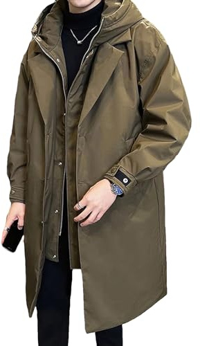 ANUFER Uomo Termico Cotone Imbottito Giacca Parka Media Lunghezza Incappucciato Inverno Trench Cappotto SN0706265 Verde Militare L