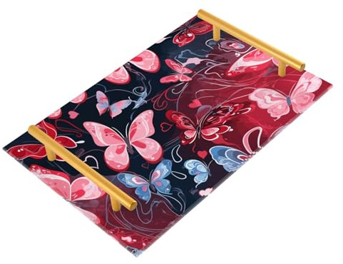 Bandejas rectangulares decorativas de mariposas rojas y rosadas y azules con asas, bandeja de mesa de cama para joyas, perfumes, fiestas, servir charolas para servir