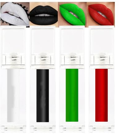 4 Colors Matte Liquid Lipstick Set,Red White Green Black Halloween Makeup, High Impact Long Lasting Lip Stain, Waterproof Nonstick Cup Lip Gloss Set, Matte Black Lipstick Halloween Lip Make-up