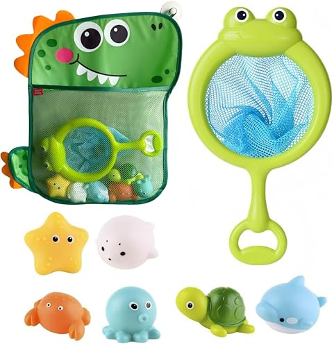 8 Pièces Jouet de Bain Bébé, Moxiewell Jeux de Bain avec Filet de Pêche et Sacs de Rangement, Animaux Jouets Flottants, Jouet de Piscine, Filet Jouet Bain Bébé pour Bébés Enfant 1 2 3 4 5 Ans (A)