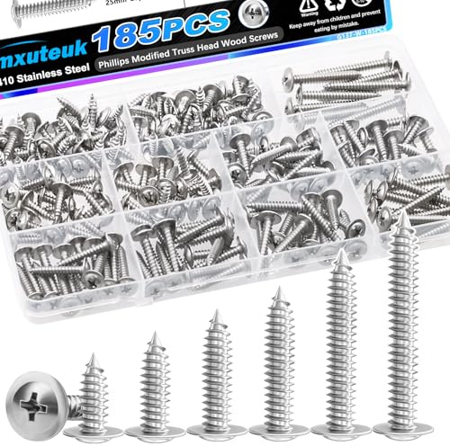 mxuteuk 185PCS #8 Wood Screws,Phillips Modified Truss Head Screws for Wood,410 Stainless Steel Quick Metal Self Tapping Screw for DIY Projects Home Repairs,6 Sizes 1/2 to 1-2