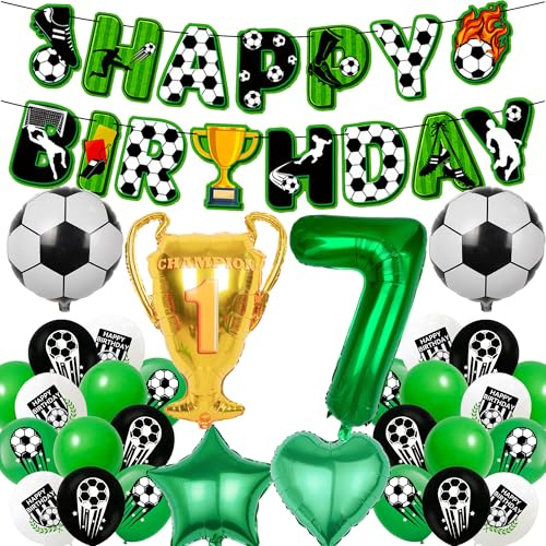 7th Football Birthday Party Decorations - 32 Pcs Green Soccer Theme Banners Balloons Happy Birthday Number 7 Footballs Trophy Star Heart Foil Latex Balloons For Boys Kids Sports Party Supplies