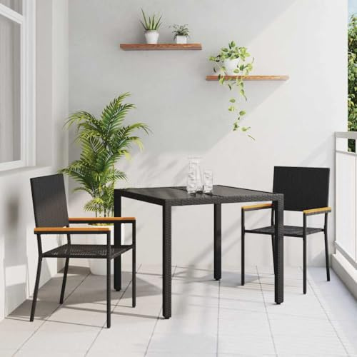Frdhee Gartenstühle, Außen Essstühle, Bistrostuhl, Moderne Esszimmerstühle, Garten Essgruppe 3 pcs Schwarz 90 x 90 x 75 cm Poly-Rattan Für Pensionen Terrasse Hinterhof