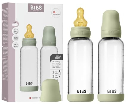 BIBS Baby Glass Bottle. 2-Pack 240 ml. Antikolik. Rund sugdel i naturgummilatex. Främjar naturlig amning, Complete Set - 240 ml (Pack of 2), Sage