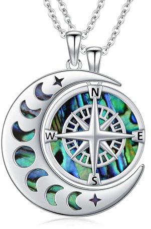 REDSUN Collana per partner con bussola, in argento sterling 925, con ciondolo ad abalone, 20 mm, idea regalo per coppie e donne