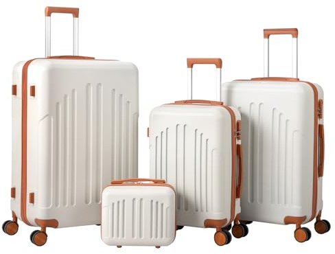 LEADZM Koffer Set 4 teilig Hartschale mit Kosmetikkoffer, Kofferset aus ABS, Reisekoffer mit Rollen Groß, Handgepäck, Hartschalenkoffer Set, Koffer & Trolleys (Beige-Braun)