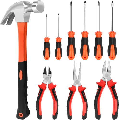 Juego de 10 Piezas Herramientas 6 Destornilladores de Estrella y Planos Profesionales Juego de 3 Alicates 20 cm con Martillo para Reparaciones del Hogar y Bricolaje, Rojo