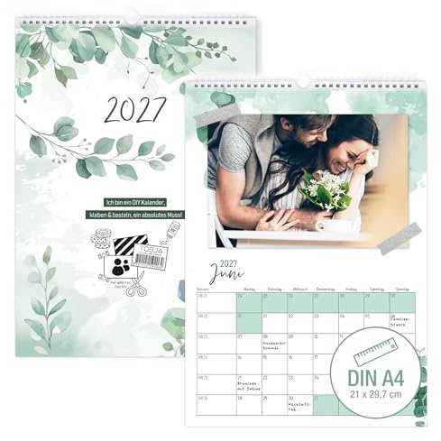 TOBJA® DIN A4 Bastelkalender 2027 Eukalyptus zum Selbstgestalten – Botanical Aquarell, 250g FSC-Papier klimaneutral, Ringbindung – Foto-Kalender mit Cover-DIY | DIY Wandkalender