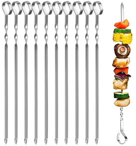 Grillspieße Edelstahl 10 Stück, 28cm Schaschlikspieße Flach mit 9-Haken Design, Fleischspieße Metall für Grill & Lagerfeuer, Kebab Spieße Set, Grillzubehör für Fleisch & Gemüse