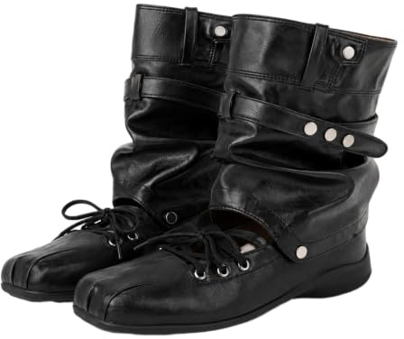 LVJMJ Dam konvertibla avtagbara säckiga stövlar fyrkantig tå delad tå balettstil platt låg klack spänne rem dubbad snörning detalj mikrofiber läder stövel axel sida utskärning slip-on fyra säsonger