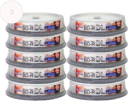 Smartbuy 100 Pack Bd-r Dl Printable White Inkjet 50gb 6X Blu-ray Double Layer Recordable Disc Blank Data Video Media 100-discs Spindle