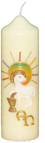 Osterkerze 165 x 50 mm – mit LAMM GOTTES, SONNE & KELCH – festliche KIRCHEKERZE mit ALPHA & OMEGA – christliche SYMBOLKERZE für OSTERN, TAUFE, KOMMUNION – MaMeMi Markenqualität