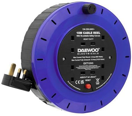 Daewoo Extension Reel, Cassette Reel, 4 Gang, 10 Metre, Black And Blue