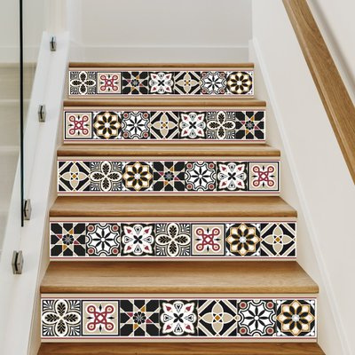 Contremarches à coller carreaux de ciment SHADEBROWN. 4 contremarches escalier 1m. Contremarches décoratives. Autocollant ou PVC - Lot de 4 Stickers (1m x 15 cm)