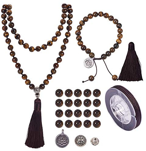 SUNNYCLUE 1 Set 108 Tigerauge Edelstein Mala Perlen/Buddha Perlen Halskette Schmuck Machen Kit - DIY 1 Handgeknüpfte Gebet Quaste Anhänger Halskette & verstellbare Mala Wrap Armband