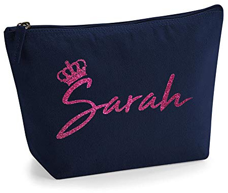 Personalisiert Name Initialen & Königin Krone Kosmetiktasche Damen Schminktasche für Handtasche Makeup Tasche mit Texturdruck - Rosa Glitzer - L - Marine Blau