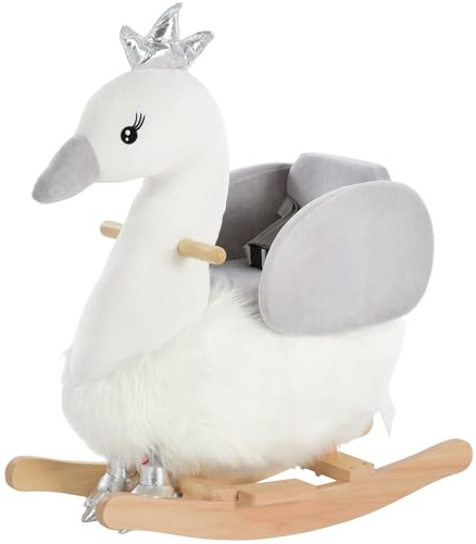 HOMCOM Kids Rocking Horse, Children Plush Ride On Swan Animal Rocker w/Sound, Wood Base Seat, Seat Belt, Baby Toy Rocker for Toddler 18-36 Months, White and Grey