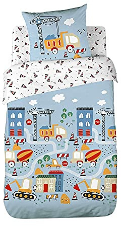 CÔTE DECO Parure da letto per bambini, reversibile, camion e trattore, blu, copripiumino 140 x 200 cm + 1 federa 63 x 63 cm, 100% cotone