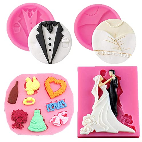 Cestony Juego de moldes de silicona para vestidos de novia y novios para bodas, fiestas, pasteles, fondant, galletas, jabón, azúcar, pudín, chocolate, caramelos duros, postres, decoración de velas