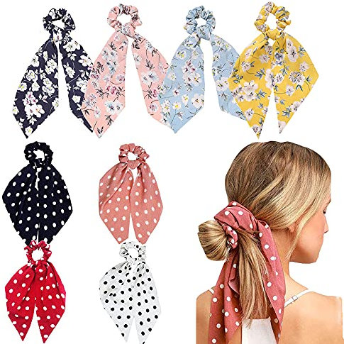 (8 Stück) Chiffon elastischer Haargürtel, Punkte, Floral Muster Schleife Haarschmuck, geeignet für Mädchen und Frauen Pferdeschwänze und andere Haarfixierer