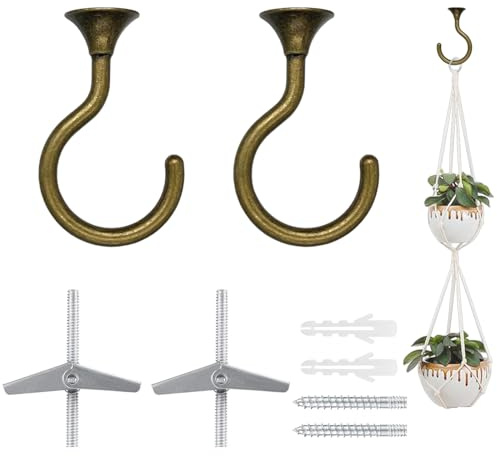 Heavy Duty Swag Ceiling Hooks for Hanging Plants -2 Sets with Hardware, Cavity WallFixing, Easy to Install, Holds Up to 30 lbs, Antique Brass for Home & Garden