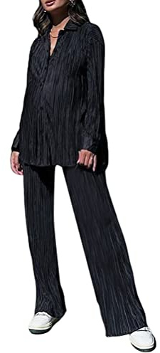 shownicer Damen 2 Stück Casual Outfits Revers Langarm Button Down Shirt Hohe Taille Lange Hosen Loungewear Streetwear Anzüge Weites Plissee Bein Hosenanzüge Zweiteiler A Schwarz S