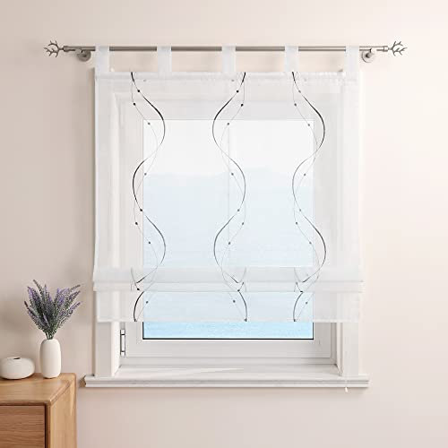 ESLIR Raffrollo mit Schlaufen Gardinen Küche Bestickt Raffgardinen Voile Transparent Schlaufenrollo Modern Vorhänge mit Wellen Stickerei Grau BxH 80x140cm 1 Stück