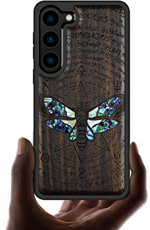 Carveit Designer Wooden Case for Samsung Galaxy S23 Plus Case Cover [Wood Engraving & Shell Inlay] Wood Phone Case Compatible with Wireless Chargers Galaxy S23 Plus Case (Death's Head Moth-Blackwood)