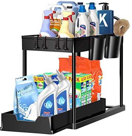 YIKANWEN 2 Etagen Unter Waschbecken Regal,Küchen Organizer mit 4 Beweglichen Haken und 2 Tasse,Mehrzweck Gewürzregal Spülschrank Organizer Putzmittel Organizer für Badezimmer