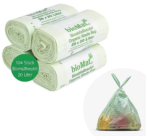 bioMat Compostable 20l Food Waste Bags with Carrying Handle, 104 Bags, Premium Quality, DINplus certified, Climate Neutral, Made in Germany