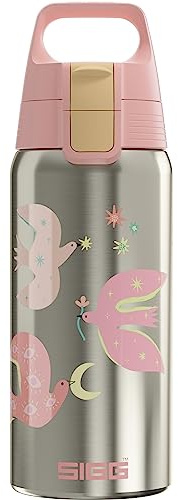 Sigg - Isolierte Trinkflasche Kinder - Shield Therm One Fly Away - Kohlensäuregeeignet - Auslaufsicher - Spülmaschinenfest - BPA-frei - 90% recycelter Edelstahl - Brushed & Pink mit Vögeln - 0,5L