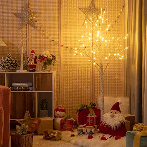 COSTWAY Arbre Lumineux Noel, Arbre Bouleau Lumineux 150 cm, 70 LED Lumineux Blanc Chaud, Base Plastique, Décoration Intérieur pour Noël(150cm)