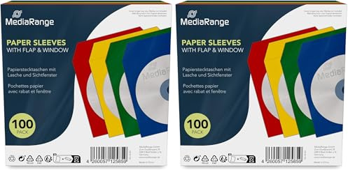 MediaRange BOX67 Mediarange Porta CD E DVD Di Carta Con Fronte Trasparente E Colorate (100 Bustine: 25 Rosse, 25 Gialle, 25 Blu E 25 Verdi) (Confezione da 2)
