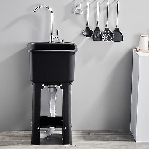 HCZION 60cm Freistehende Waschbecken Innen Spültisch Kunststoff Ausgussbecken Kunststoff Restaurant Küche Handwaschbecken Mit Wasserhahn (Color : Black, Size : 40x40cm/15.7x15.7in)