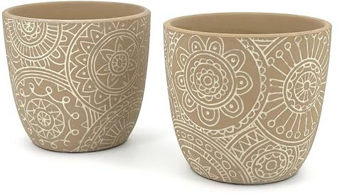 Vimin Box Paire de pots en terre cuite décorés beige | Diamètre 12,5 cm | Pots pour fleurs et plantes d'intérieur et extérieur | Porte-pot élégant pour maison, jardin, balcon