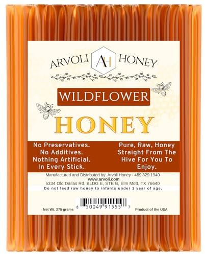 Arvoli Raw Honey Sticks - Honey Sticks For Tea - Honey Straws - One Teaspoon of Pure Raw Honey Per Stick - (50 Pack) Each Stick is Gluten Free, Fat Free, and has no Preservatives