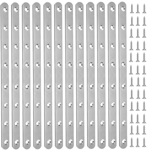 ZOENHOU 12 conectores planos de 293 x 19 mm de acero inoxidable, escuadras metalicas soporte, conector de metal plano, placa perforada, conector plano, conector de madera, 8 agujeros con 96 tornillos