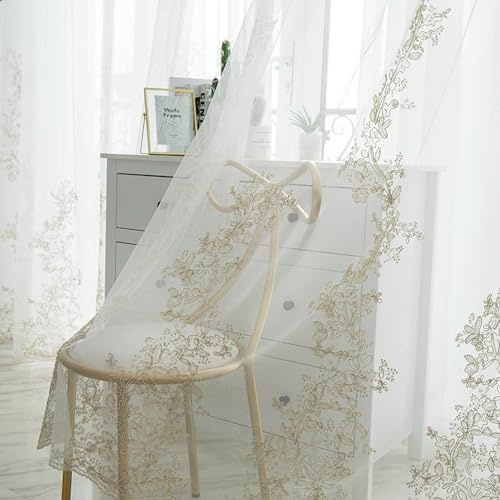 FeLoneny Elegant Sheer Tulle Curtains Golden Thread Embroidered Floral Sheer Panels Rod Pocket Light-Filtering Lace Gauze for Living Room Romantic Voile 1 Set of 2 Panels W52 x L84 inch