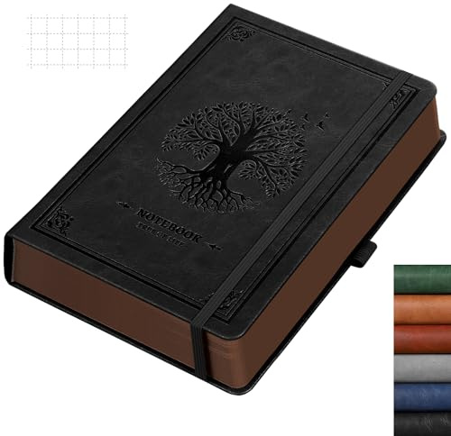 RETTACY Notizbuch A5 kariert, Leder-Hardcove Collegeblock mit 320 Seiten | 100g/m² dickes Papier, kein Durchdruck, präzise Ausrichtung für Diagramme, Mathe & strukturierte Notizen - Schwarz