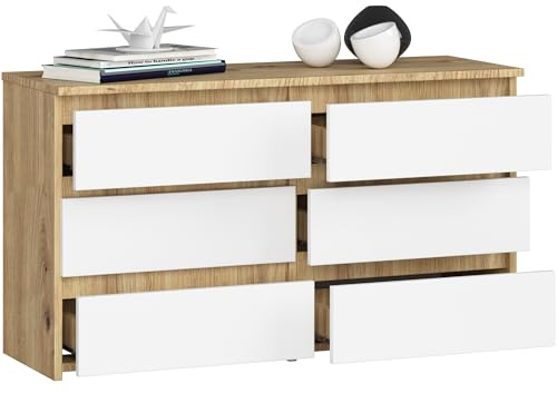 BDW - Kommode mit 6 Schubladen - 100 cm breit, 57 cm hoch - Schrank, Sideboard, Mehrzweck-, Schuhschrank, Schubladenkommode, Aktenschrank - Wohn-, Schlafzimmer, Flur - Eiche Artisan/Weiss