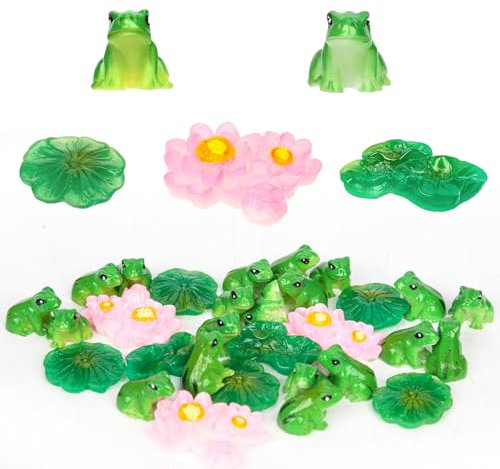 NQEUEPN 20pz Mini Rane in Resina con 7 Foglie di Loto e 3 Fiori di Loto in Miniatura, Figurine Realistiche Carine Rane Piccole Rane Resina per Fai-Da-Te Casa delle Bambole Decorazioni da Giardino