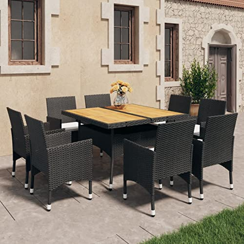 SECOLI Rattan Sitzgruppe Garten, Essgruppe für 8 Personen, Gartenmöbel Set mit 8 Gartenstuhl, Gartengarnitur Rattan Sitzgarnitur, Schwarz Gartentisch mit Holz, Balkonmöbel Set