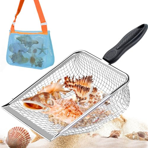 HXJFGDM spade barn, strandnät spade med nätstrandväska för samling, barnskyffel metall, sandskyffel för pojkar och flickor, strandleksak för barn strandleksak